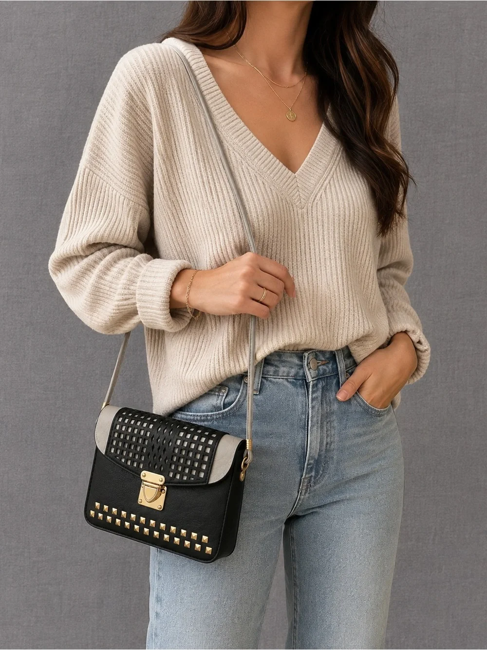 Urban Energy Black Gray Studded Crossbody Bag Gold Hardware